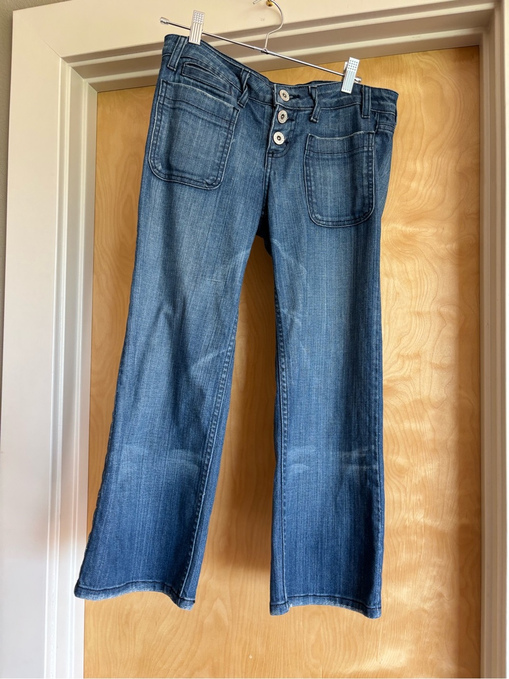 Y2K Low Rise Flare Jeans Button Fly Patch Pocket Dark Wash - Waist 32”